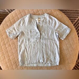 BRAX Feel Good Classic V Neck Sz 36 Small Pale Blue Linen Blouse Orig $178